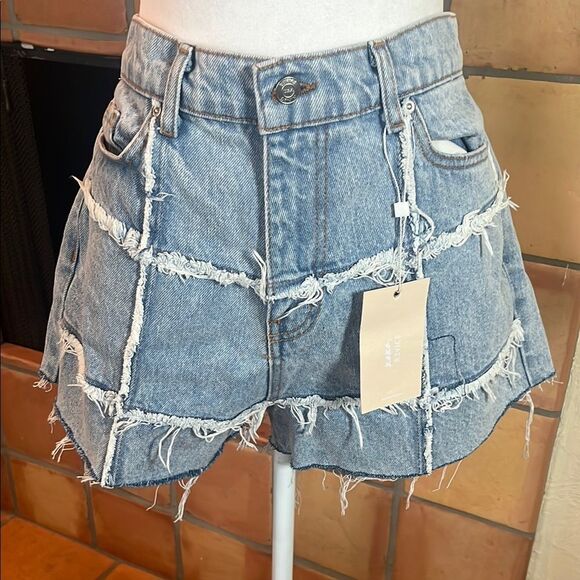Revice Denim Patchwork Cutoffs/4Ever Summer Short Fray Grid, size 32 - Picture 1 of 10